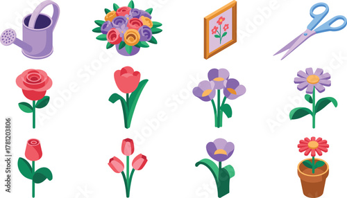 Isometric flower and gardening icons set with roses, tulips, watering can, bouquet, scissors, potted plants, and floral art