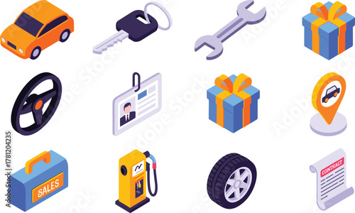 Isometric car dealership and automotive service icons featuring vehicles, tools, contracts, gas pump, steering wheel, tire, and gift elements