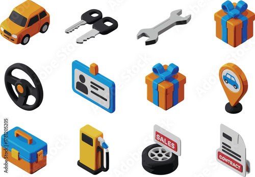 Isometric car service and dealership icons featuring vehicles, tools, fuel pump, contract, keys, and automotive sales and maintenance elements