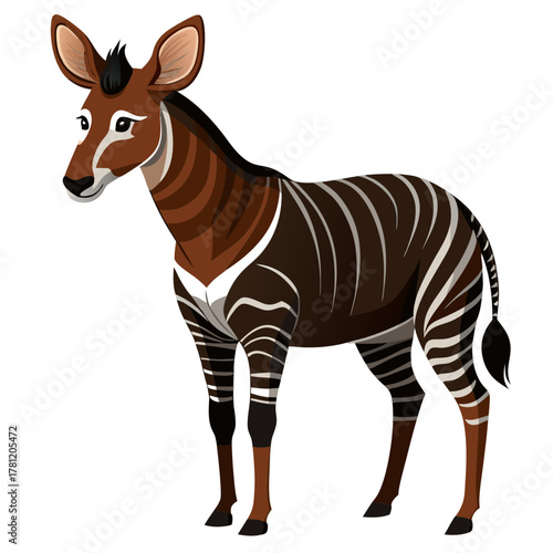 A brown bongo antelope with white stripes standing on a
