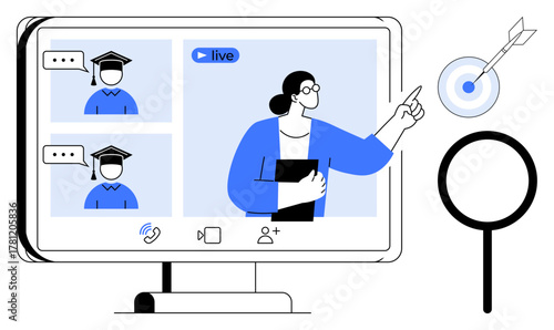 Educator pointing at target while teaching online to students in graduation caps on video call. Ideal for e-learning, virtual classrooms, mentoring, webinars, education goals, coaching, simple flat