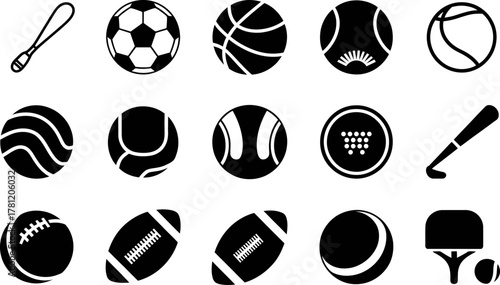 Variety of sports equipment representing different games and activities icons