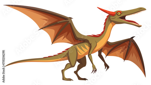 A cartoon pterodactyl with large wings and a red crest