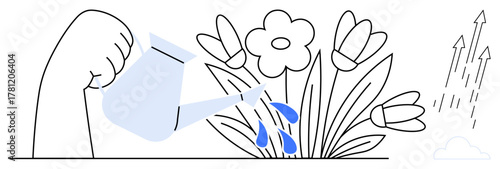 Tightly held watering can pouring water over blooming flowers, emphasizing growth, flourishing, nurturing, creativity, teamwork, personal development, and encouragement. Ideal for a simple flat