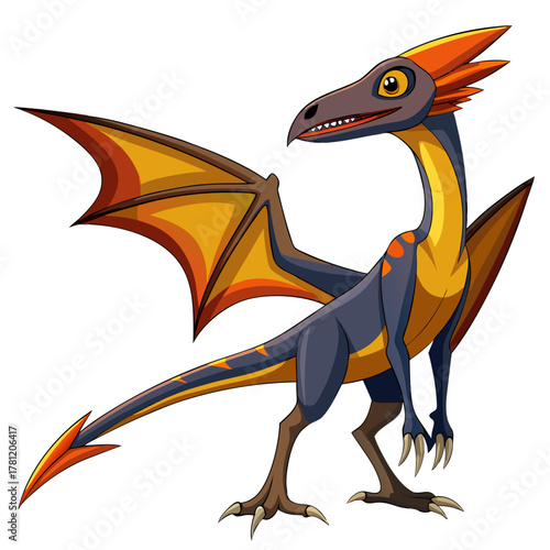 A stylized cartoon pterodactyl with blue and yellow wings, standing with its mouth open