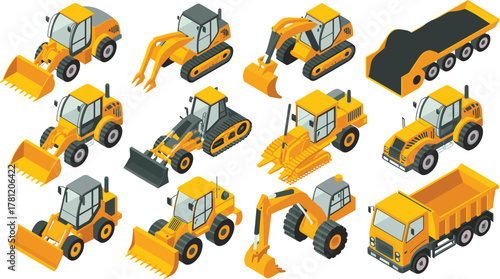 Isometric construction vehicles set including bulldozers, excavators, dump trucks, tractors, loaders, and heavy machinery for building and engineering projects