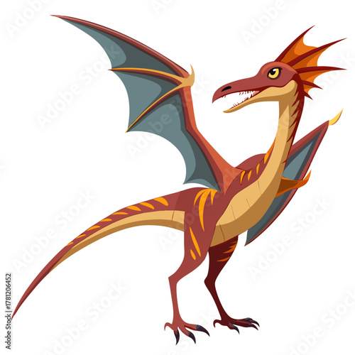 A cartoon illustration of a red and yellow dragon with large wings