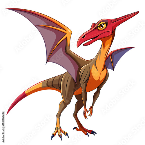 A cartoon illustration of a red and orange pterodactyl with large wings