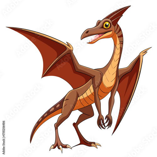 A cartoon illustration of a brown and orange pterodactyl with large wings