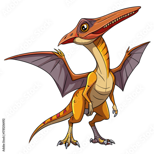 A cartoon pterosaur with orange and yellow coloring, standing with its mouth open and wings spread