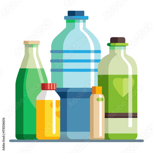 Assortment of various plastic bottles, including large and small sizes, for liquids like water, juice, or cleaning supplies