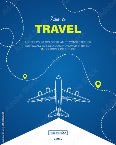 Minimalist Travel Poster with Airplane and Location Pins on Blue Background