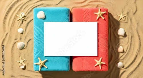 Summer beach scene with colorful towels, starfish, and seashells on sand, featuring a blank white card for text, perfect for vacation or travel themes