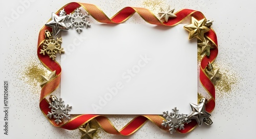 Festive christmas frame with red and gold ribbon, silver and gold stars, and snowflakes isolated on white background, perfect for adding your holiday greetings