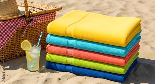 Vibrant beach scene featuring a stack of colorful towels, a picnic basket, and refreshing lemonade, perfect for a summer vacation isolated on white background
