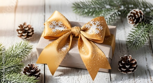 Elegant christmas gift with a golden bow, surrounded by pinecones and fir branches on a rustic white wooden surface, creating a warm and festive holiday atmosphere