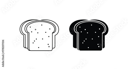 Toast bread slices icons, food symbols for breakfast or bakery, black and white contrast