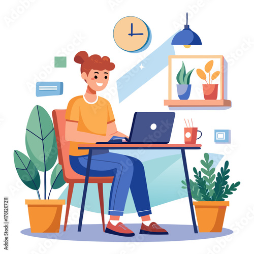 Woman with hair bun working on a laptop at a desk with plants, a clock, and a hanging lamp, illustrating a productive workfromhome environment