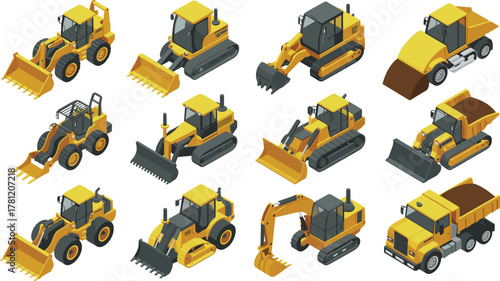 Isometric construction vehicles set featuring bulldozers, excavators, dump trucks, road rollers, tractors, and loaders for building and industrial use