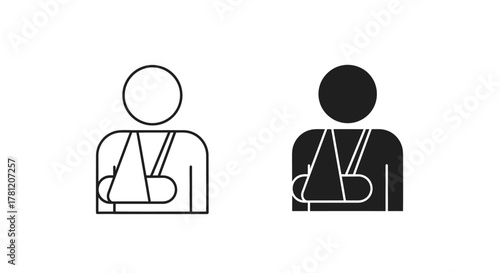 Person with arm in sling icon, representing injury, recovery, and medical care