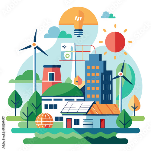 Conceptual artwork of an ecoconscious city powered by renewable energy, showcasing a lightbulb, wind turbines, and solar panels integrated with buildings