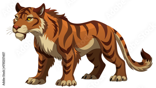 A fierce sabertoothed tiger with orange and brown stripes, standing powerfully on a, showcasing its muscular build and predatory gaze