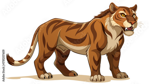 A powerful sabertoothed tiger with distinct orange and brown stripes, captured in a side profile on a, exuding a sense of ancient might