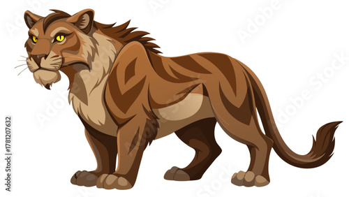 A majestic cartoon sabertoothed cat standing proudly with a stern expression