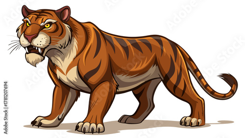 A powerful cartoon tiger with orange fur and black stripes, standing alert with a fierce expression