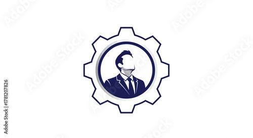 Corporate logo design featuring a faceless businessman inside a cogwheel.