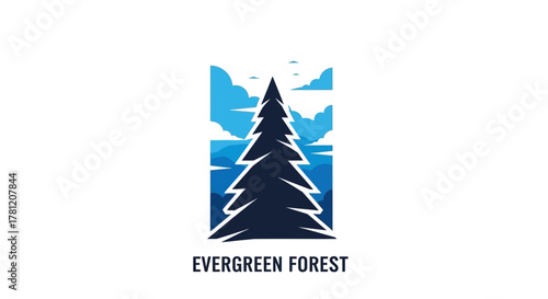 A stylized logo featuring a dark blue evergreen tree within a rectangular frame, with a light blue sky and water.