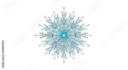 A complex, intricate light blue digital snowflake or starburst design with a glowing cyan center, radiating outwards on a white background.