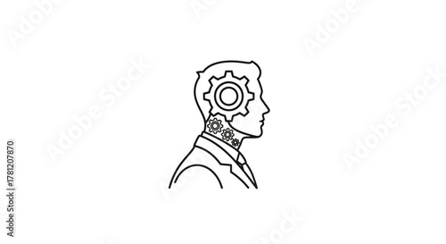 Minimalist line drawing of a human head profile with mechanical gears representing thought processes and intelligence.