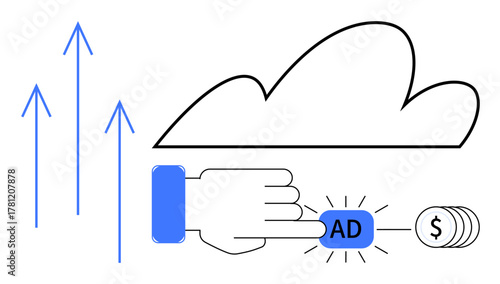 Hand clicking ad button, dollar coins, growing arrows, cloud for digital setting. Ideal for marketing, online ads, e-commerce, monetization strategies, growth web analytics simple flat metaphor