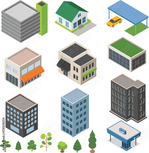 Isometric modern buildings and trees set featuring houses, offices, skyscrapers, parking area, shopfronts, and urban city elements