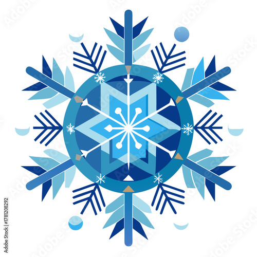A stylized blue snowflake with geometric patterns, isolated on a