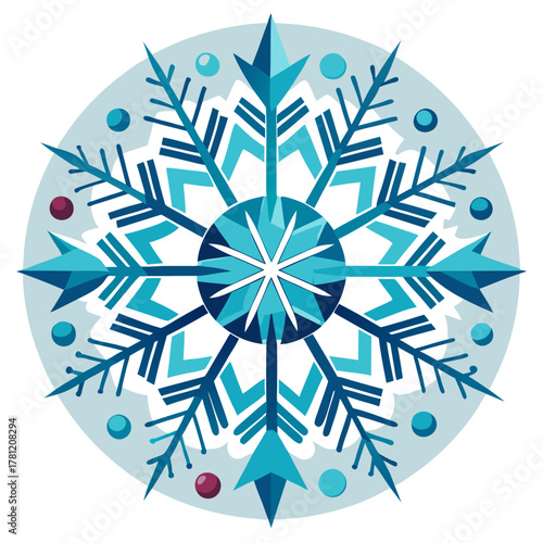 A detailed blue snowflake with geometric elements and small dots, isolated on a