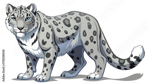 A majestic snow leopard with a spotted coat and piercing blue eyes, standing gracefully on a