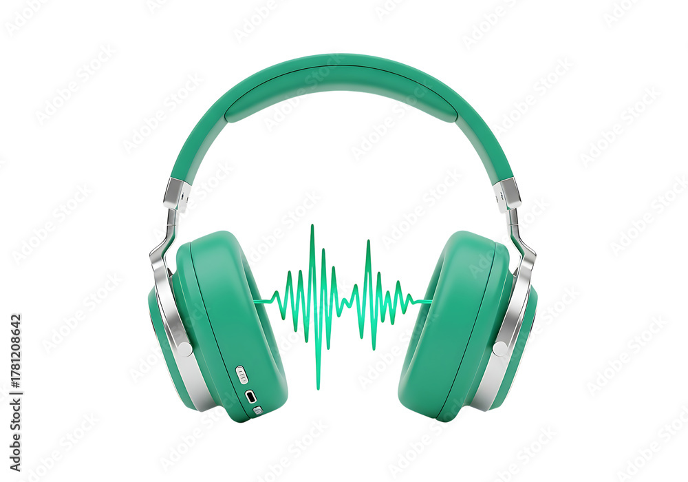 Fototapeta premium Green wireless headphones with sound waves isolated on transparent background for listening music