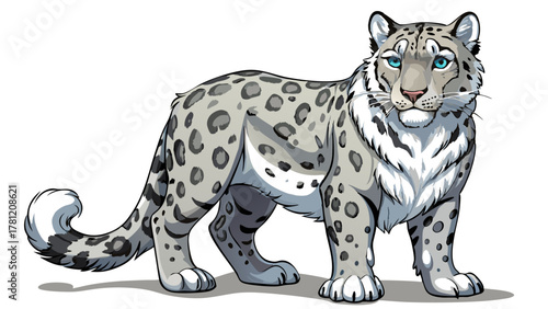 A majestic snow leopard with striking blue eyes stands proudly, its thick, spotted fur a perfect camouflage against its natural mountain habitat