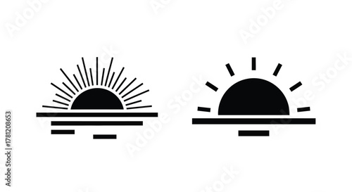 Sunrise Icon Set Over Ocean or Lake, Minimalist Sun Reflection Design
