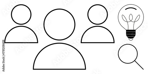 Minimalistic design of three figures, a light bulb, and a magnifying glass. Ideal for teamwork, collaboration, creativity, problem-solving, innovation leadership and strategic thinking. Simple flat