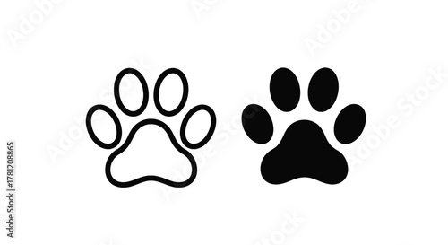 Vector art featuring two clean pet paw prints, one outlined and one solid black, for animal themes