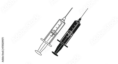Medical Syringe Illustration Detailed Black and White Vector Graphics for Healthcare Purposes