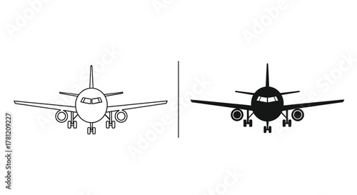 Front view airplane icon set, black outline and solid silhouette designs for travel and transport applications