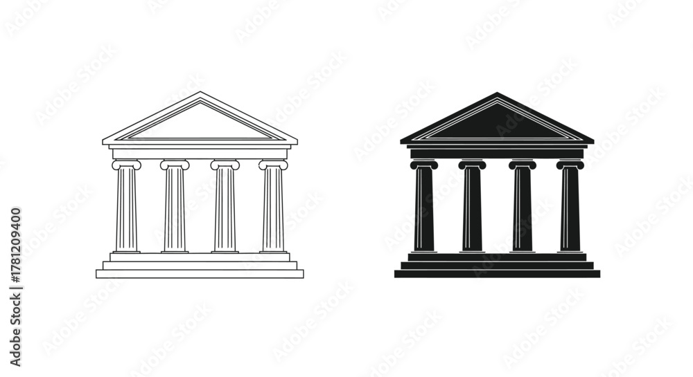 Obraz premium Courthouse, bank, or university building icon set with classical columns in silhouette and outline style