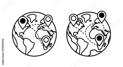 Two line art icons of the Earth globe with location pins showing international travel routes and logistics
