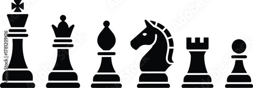 Black and White Chess Pieces Illustration King, Queen, Bishop, Knight, Rook, and Pawn