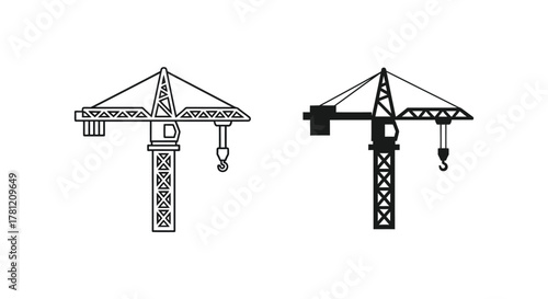 Construction Tower Crane Icon Set Outline and Silhouette for Industrial Projects