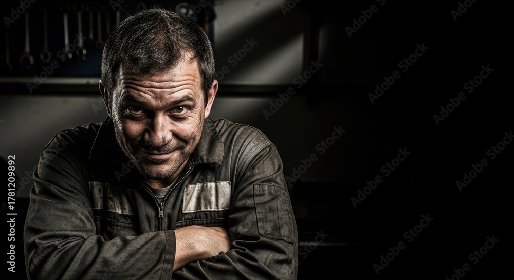 Fototapeta premium Portrait of Confident Mechanic in Dimly Lit Workshop Environment